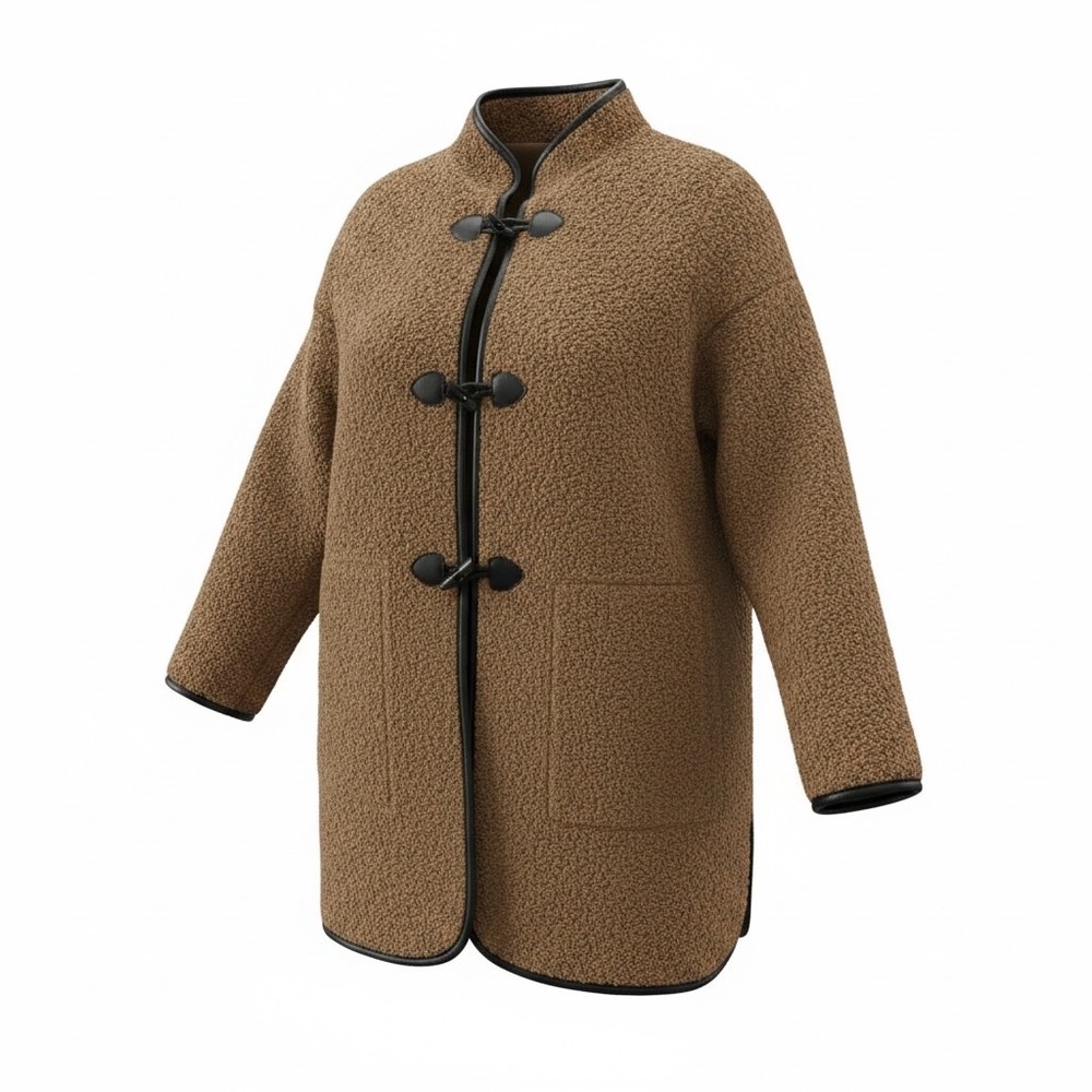 Susan Graver Weekend Sherpa Fleece Toggle Coat Brown Faux Leather Trim 2X